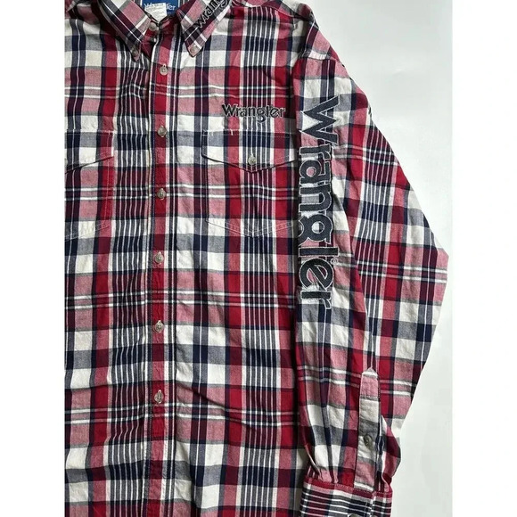 Wrangler Shirt Mens XL Plaid Spellout Patch Logo Western Cowboy Rodeo Button Up - Picture 2 of 7